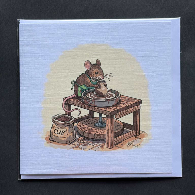 Pottery Maker Mouse Greeting Card - 15cm Square - Hand-Printed Linen Card