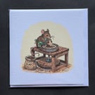 Pottery Maker Mouse Greeting Card - 15cm Square - Hand-Printed Linen Card