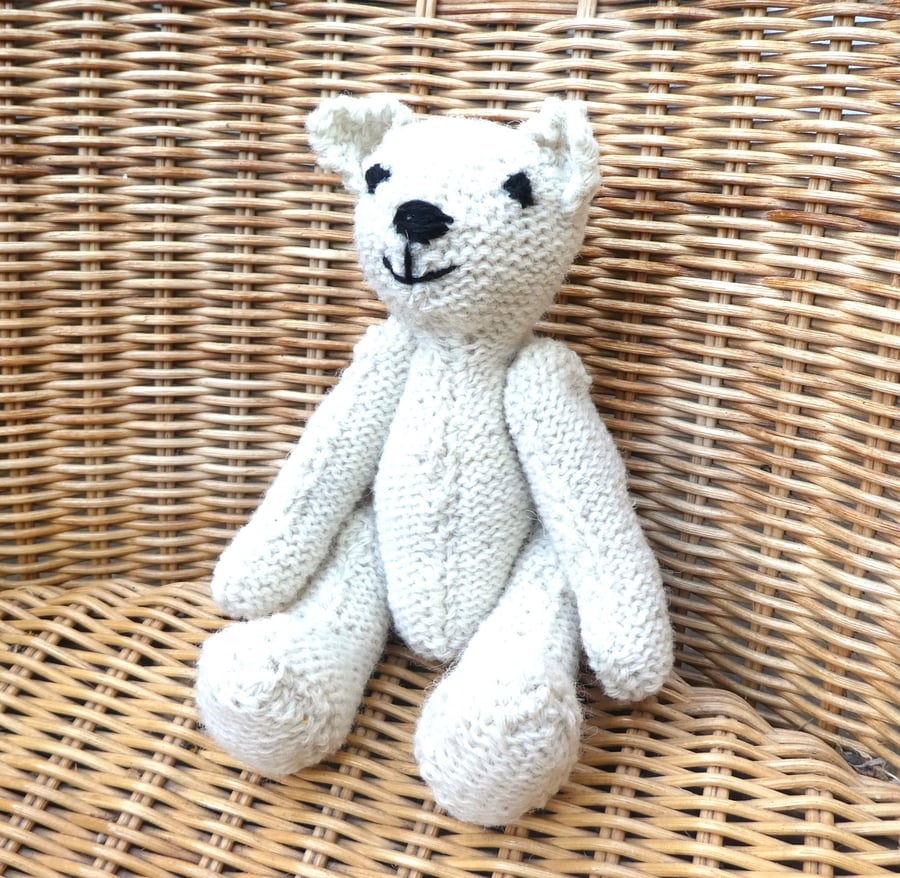 Image of Handmade 8" White Teddy Bear knitted in 100% Wool