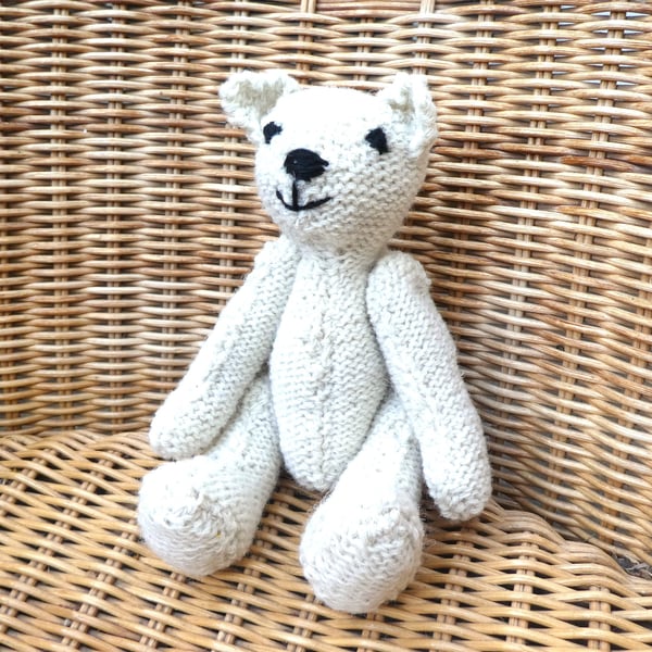 Handmade 8" White Teddy Bear knitted in 100% Wool