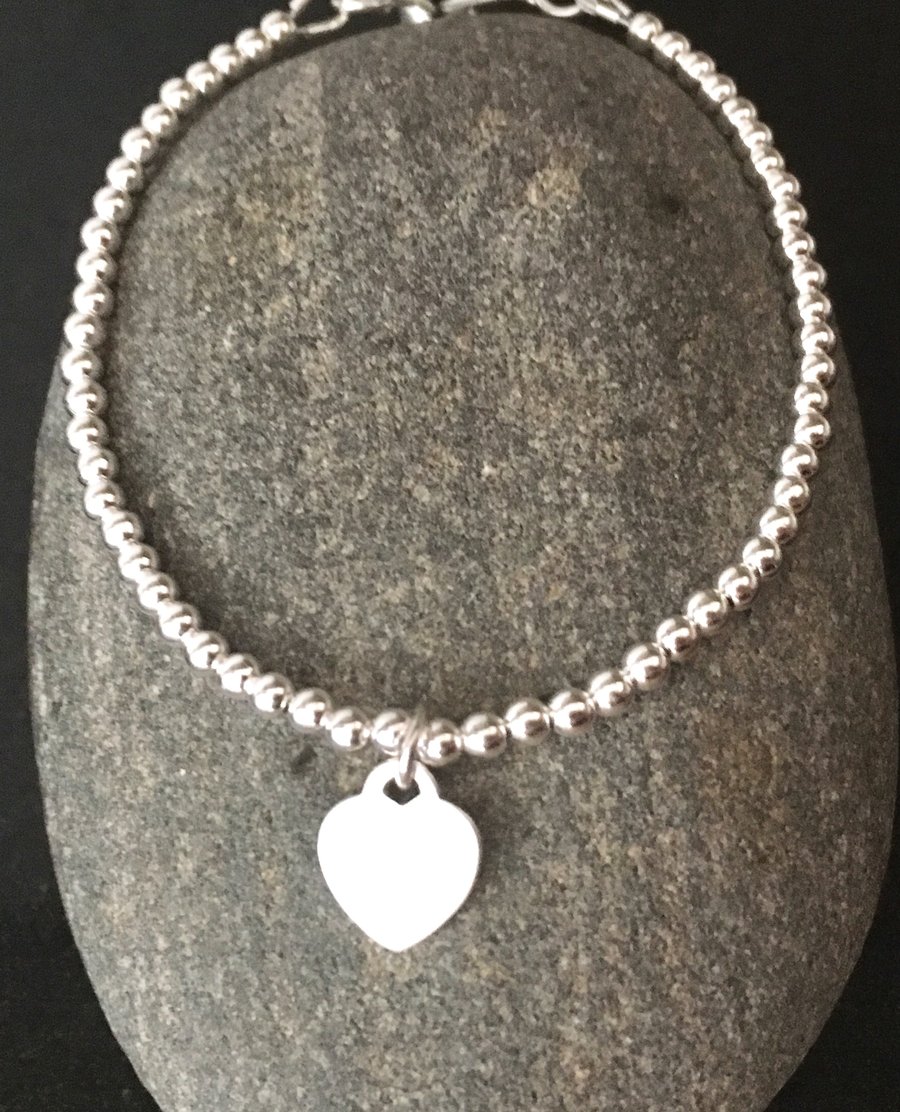 Sterling Silver Heart Charm Adjustable Bracelet... - Folksy