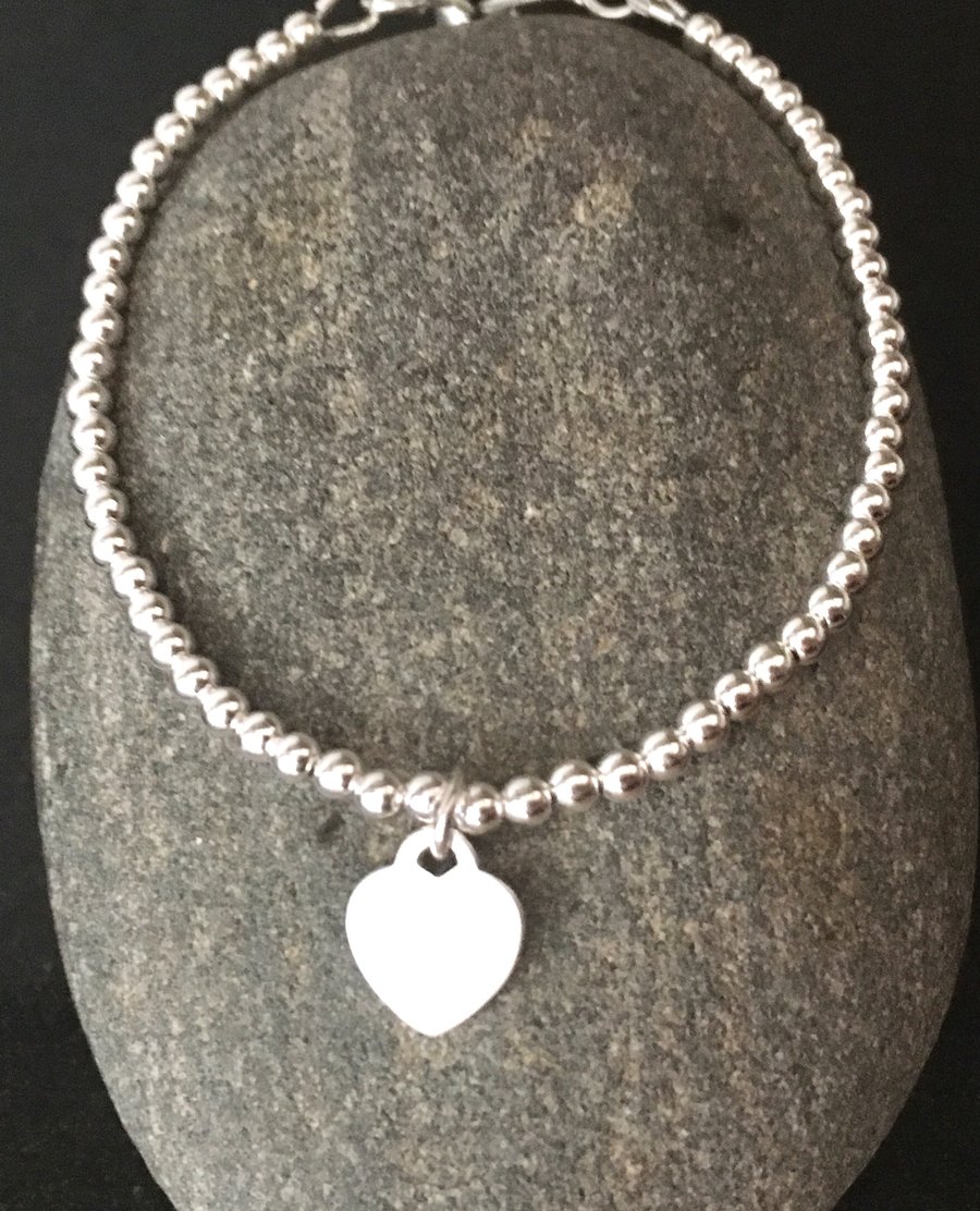 Sterling Silver Heart Charm Adjustable Bracelet, 925 Silver Slider Clasp 