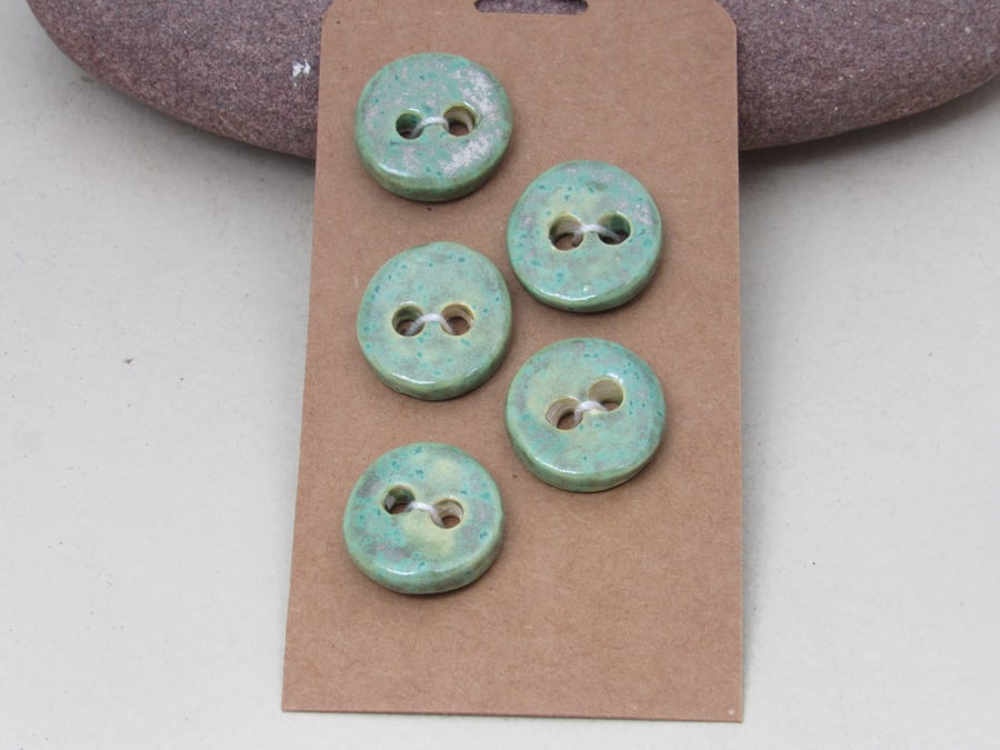 5 Small Round Verdigris Handmade Ceramic Buttons
