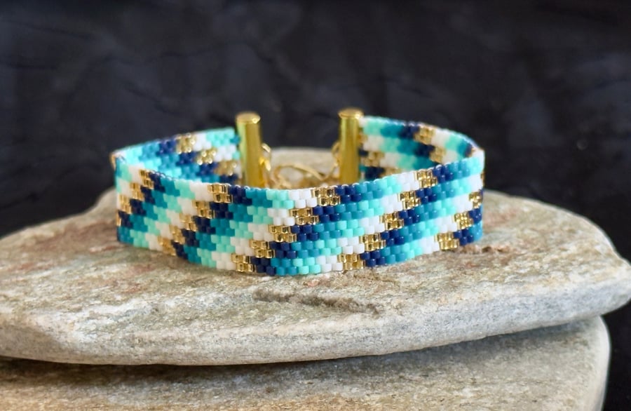Handmade Beadwork Geometric Cuff Bracelet in Turquoise, Navy, White & Gold 