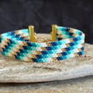 Handmade Beadwork Geometric Cuff Bracelet in Turquoise, Navy, White & Gold 