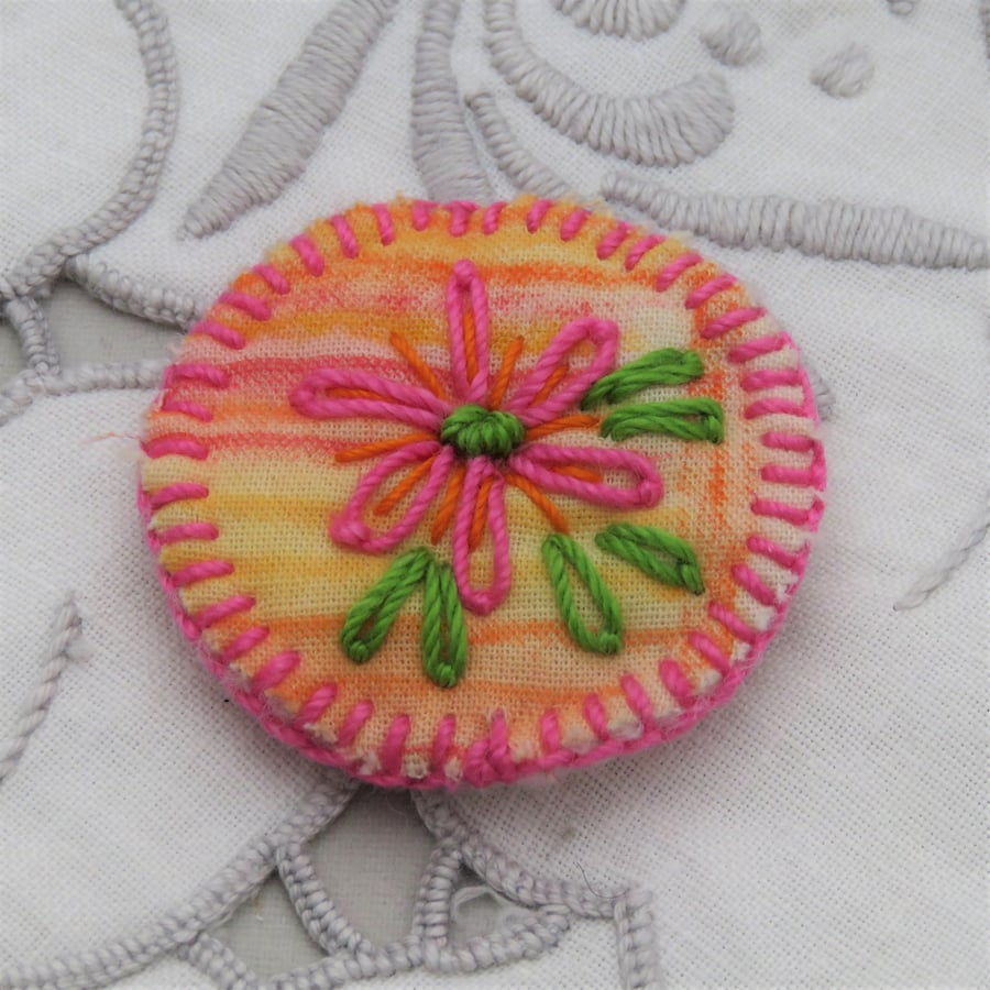 Brooch - Pink flower on hand painted stripes
