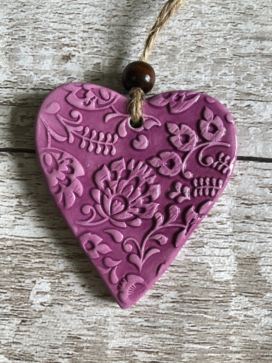 Handmade hanging heart decoration, ceramic, clay love heart, dark pink
