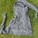 Hand knitted triangular shawl scarf, neck warmer  in grey merino  yarn