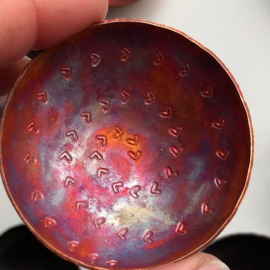 Flame painted copper bowl with hand stamped detail, 7th wedding anniversary gift