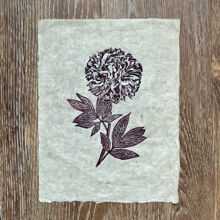PERFECTLY IMPERFECT Deep burgundy red peony original linocut print