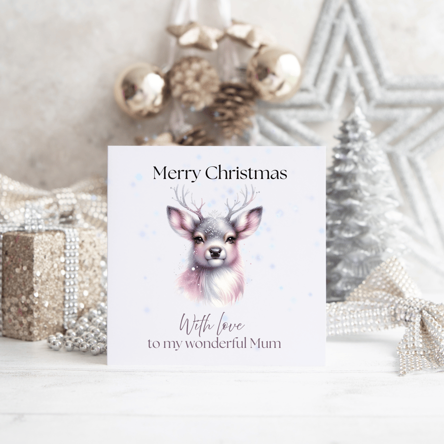Christmas card with pink watercolour fluffy stag reindeer personalised 
