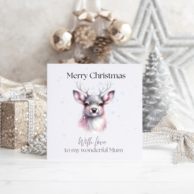 Christmas card with pink watercolour fluffy stag reindeer personalised 