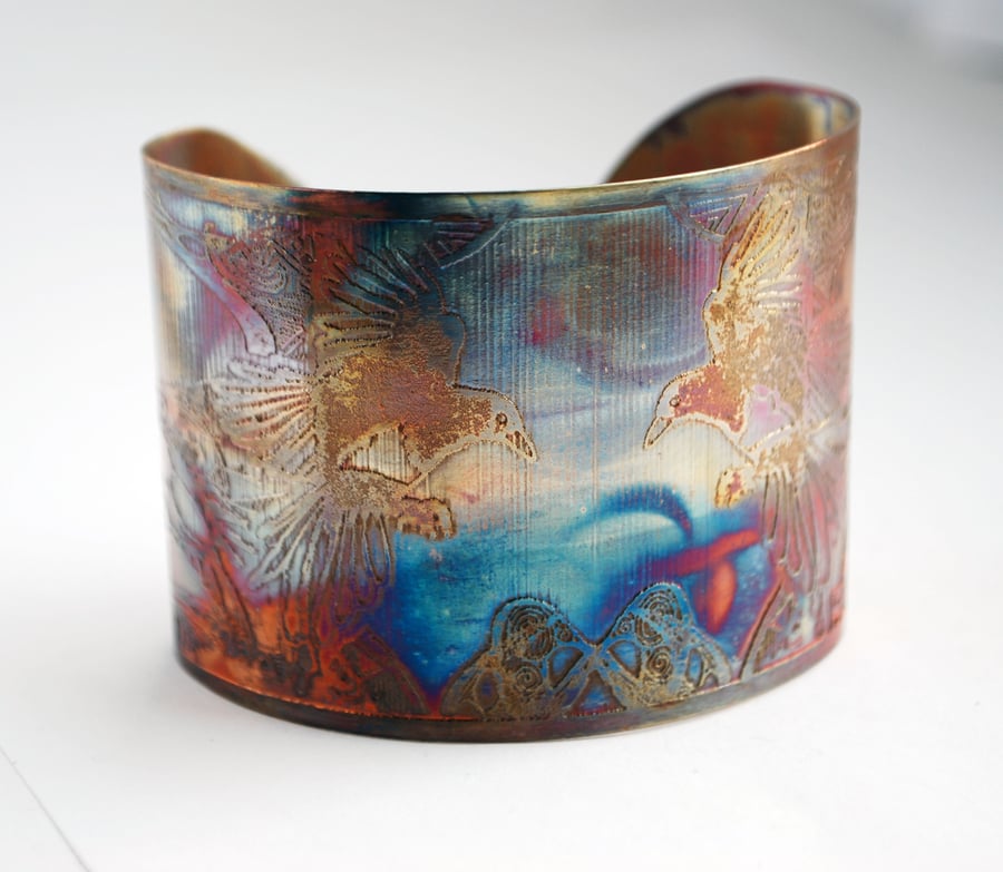 Etched Copper flying magpie Cuff - large size - SALE 20% off was 30 pounds