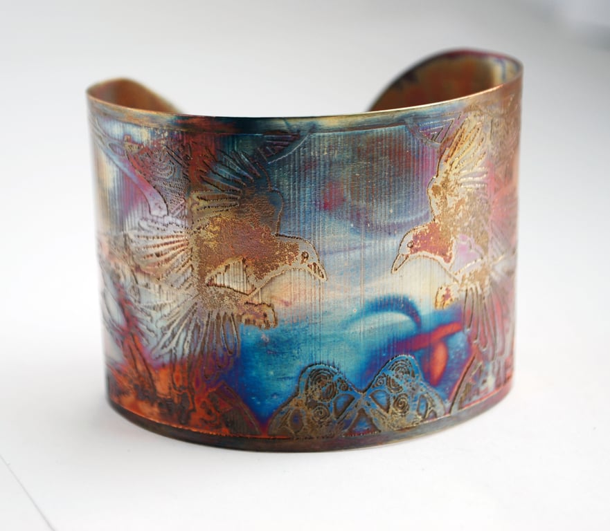 Etched Copper flying magpie Cuff, 7th wedding anniversary