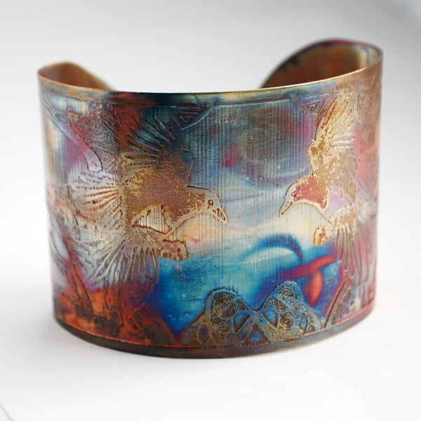 Etched Copper flying magpie Cuff - large size - SALE 20% off was 30 pounds