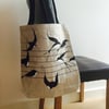 READY TO SHIP Linen Tote Bag. Swallows on the line. Black and natural linen.
