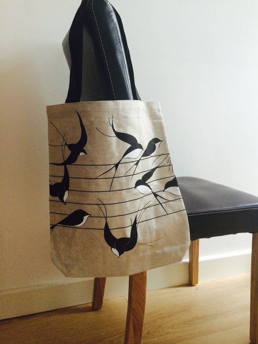 READY TO SHIP Linen Tote Bag. Swallows on the line. Black and natural linen.