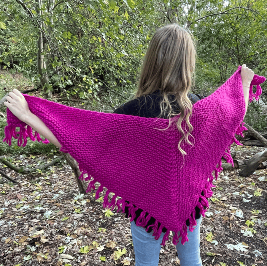 Bright Pink patterned wool shawl with tassels 