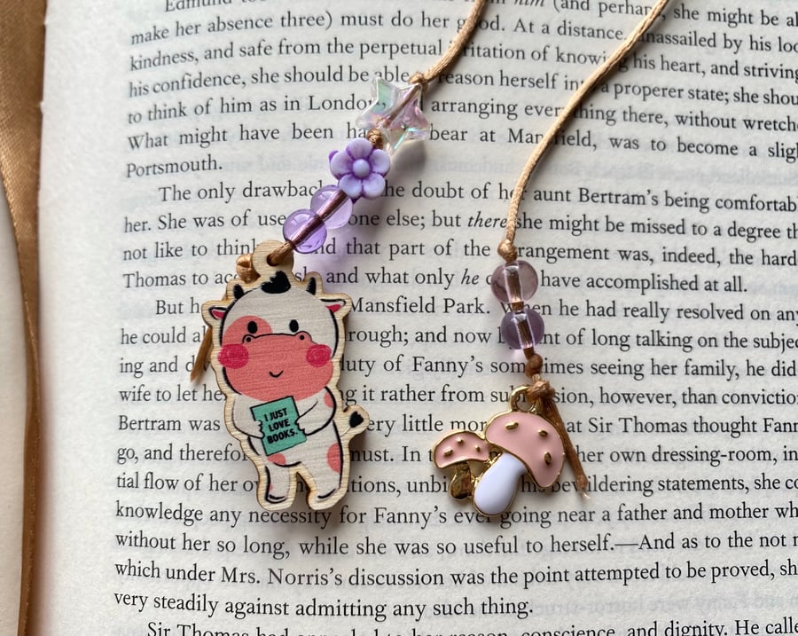 Cottagecore Book Lover Cow Toadstool Charm Bookmark