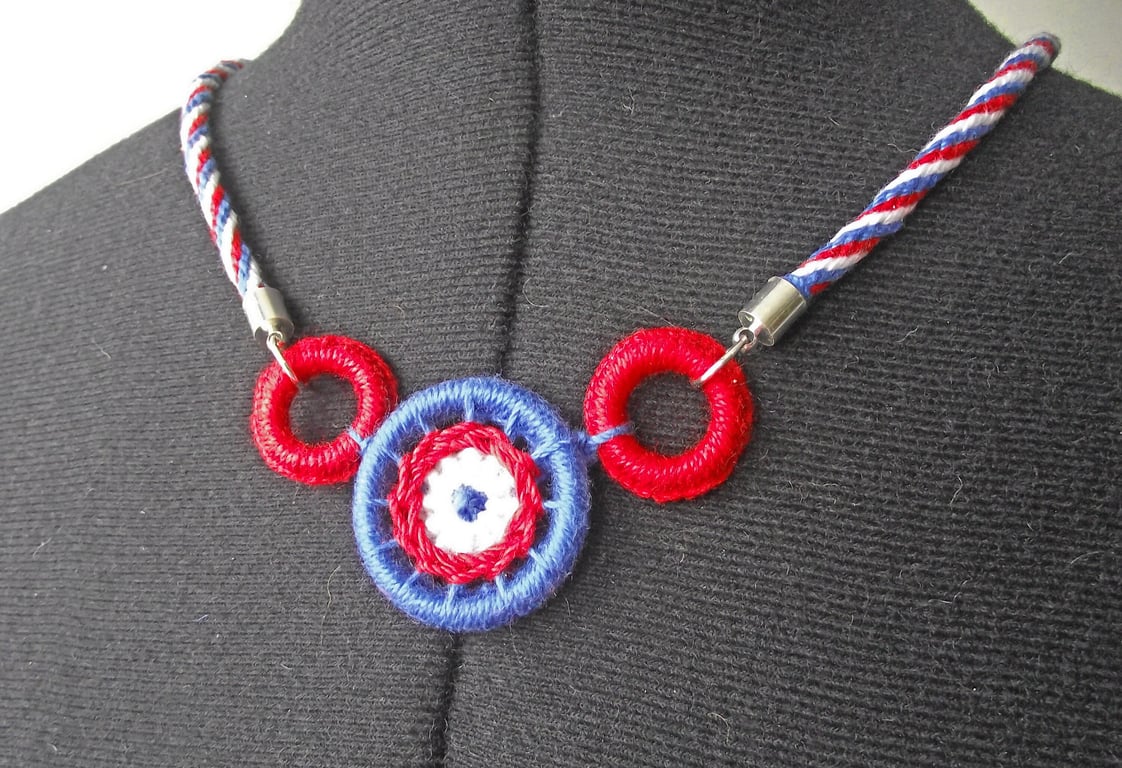 Necklace, Dorset Button, Kumihimo Braid, Patriotic,  Red, White, Blue