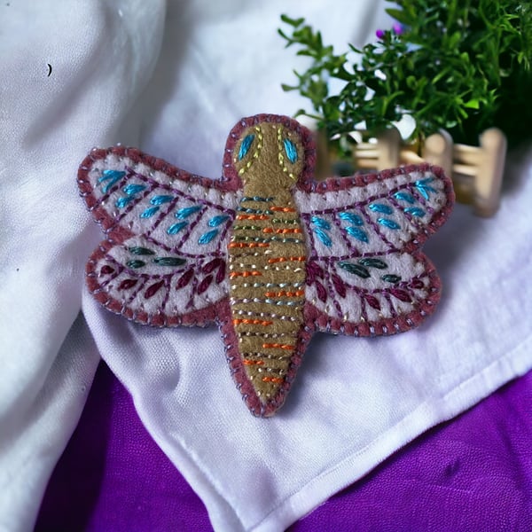 Hand Embroidered Felt Dragonfly Brooch