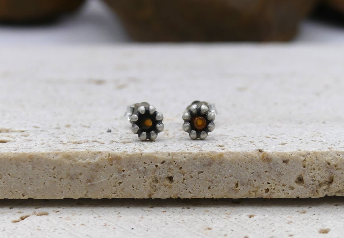 Recycled Sterling Silver Flower Stud Earrings with Carnelian Gemstones.