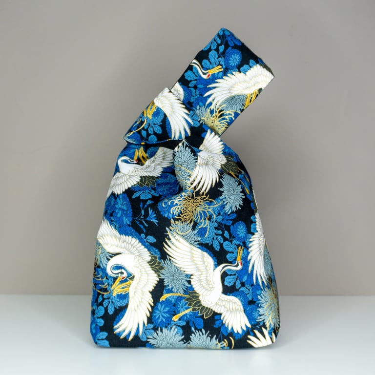 Reversible Japanese Knot Bag - Cranes and Chrysanthemums - Black Satin Lined