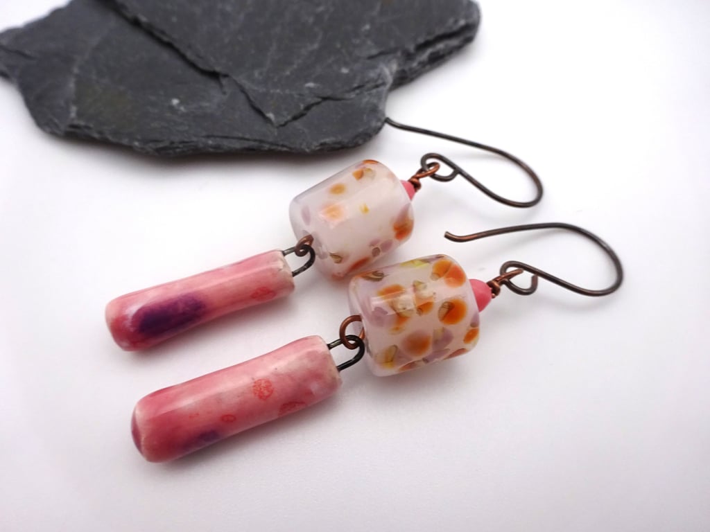 pink lampwork glass and ceramic earrings