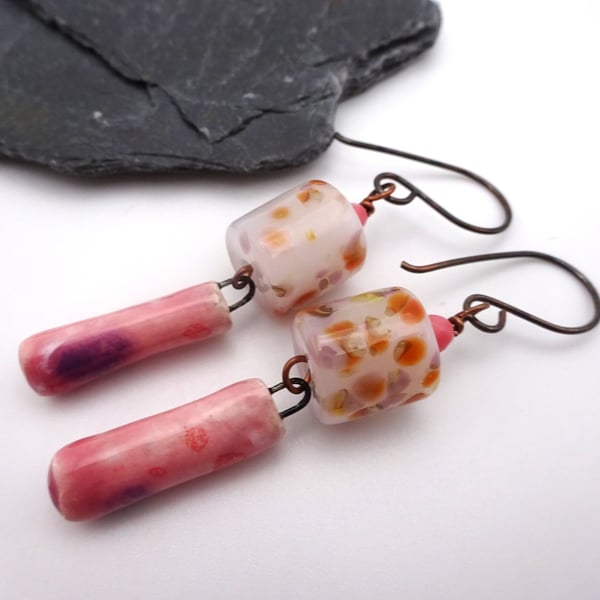 pink lampwork glass and ceramic earrings