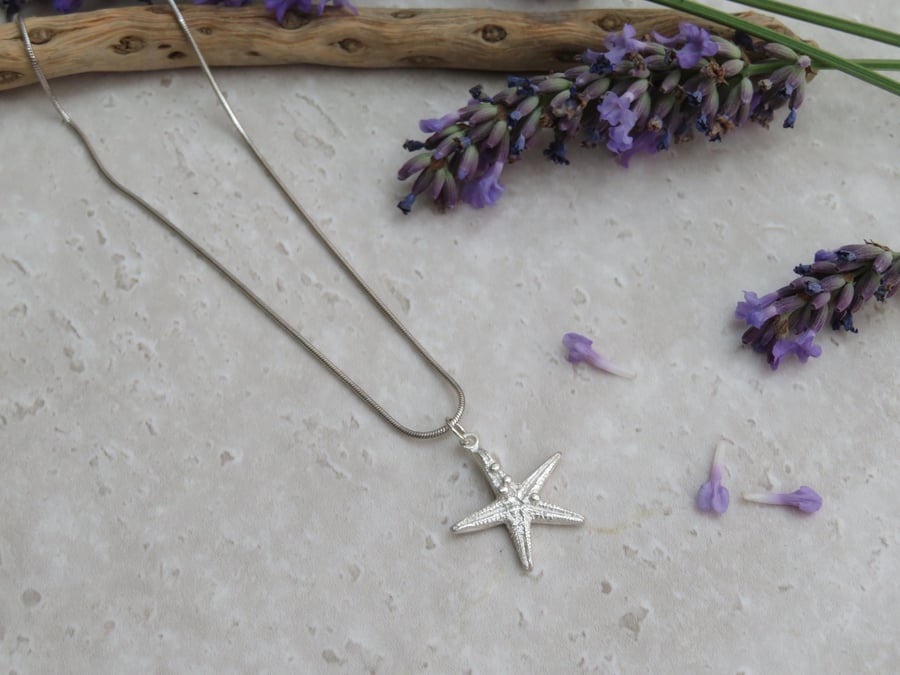 Fine Silver Starfish Pendant Necklace Nature Imprint