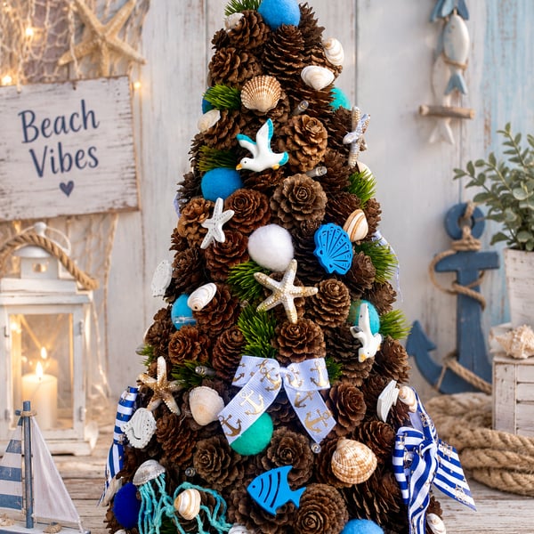 Seaside whispers - larch cone handmade coastal Christmas tree 