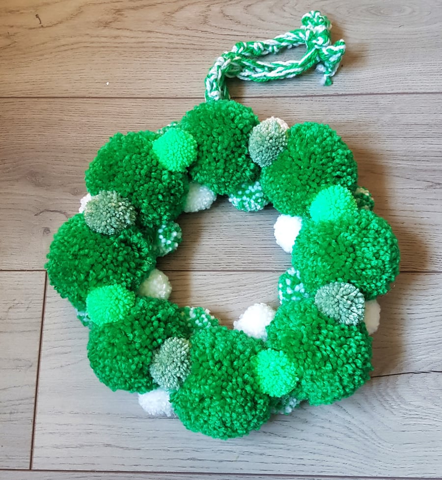 Green and White Pom Pom Wreath 34cms - 13inches