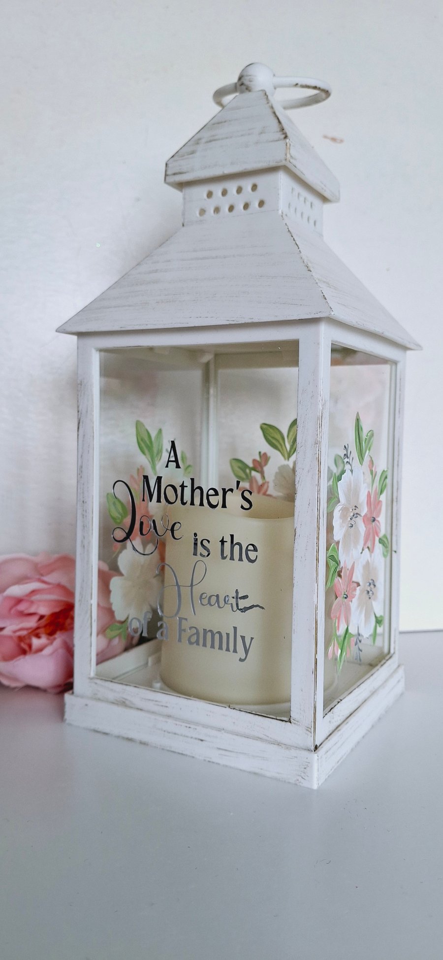 Mothers Day Lantern Gift, Hand Painted Floral Candle Lantern with Quote