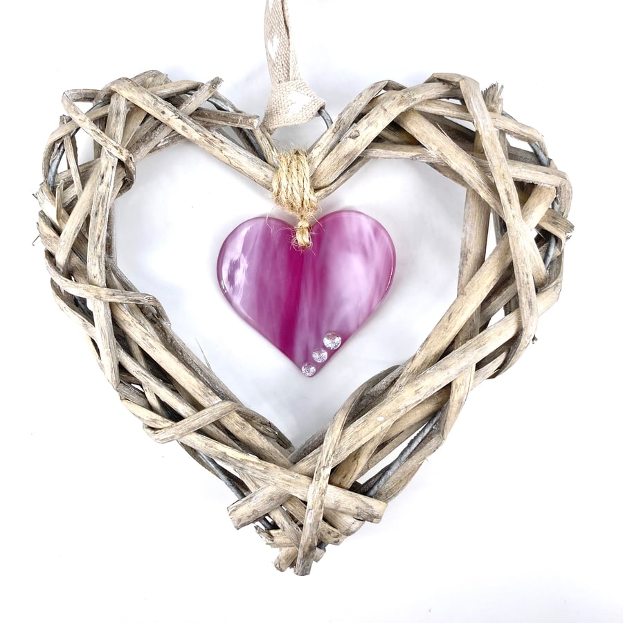 Fused Glass & Wicker Hanging Heart -  Wispy Pink 