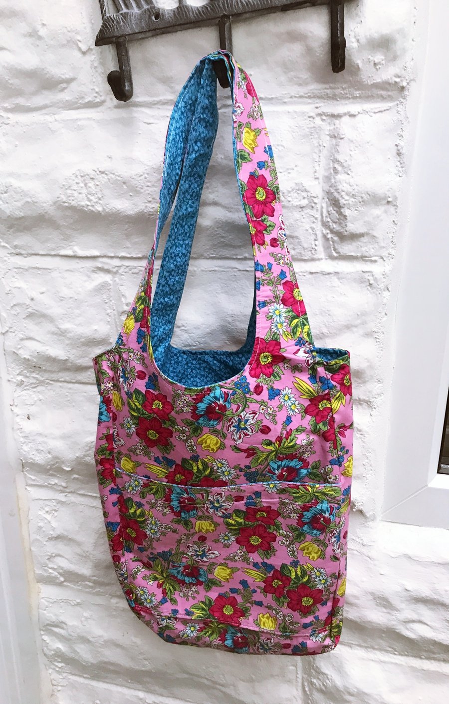 Shoulder Bag, Blue and Pink Floral Print , Eco Friendly Reusable Cotton Bag