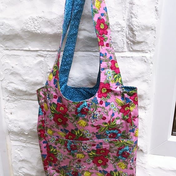 Shoulder Bag, Blue and Pink Floral Print , Eco Friendly Reusable Cotton Bag