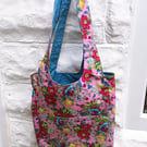 Shoulder Bag, Blue and Pink Floral Print , Eco Friendly Reusable Cotton Bag