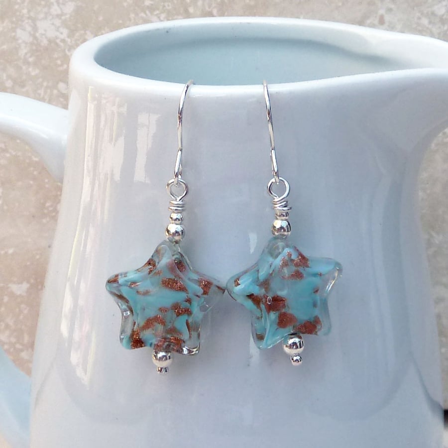 Blue and Bronze Star Shaped Murano Glass and Sterling Silver Earrings - GEM070