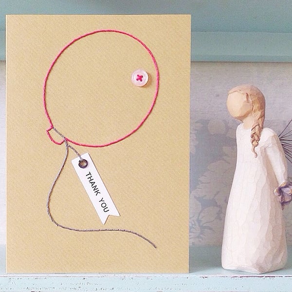 Thank You Card. Hand Sewn Card. Balloon Card. Blank Card. Hand Stitched Card.