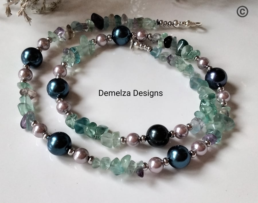 Designer Rainbow Fluorite & Shell Pearl Necklace 