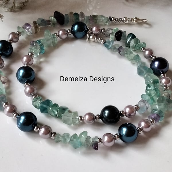Natural Rainbow Fluorite & Shell Pearl Necklace 