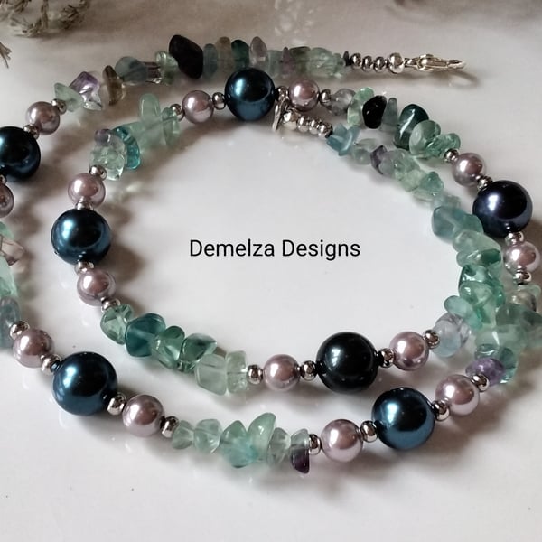 Rainbow Fluorite & Shell Pearl Necklace 