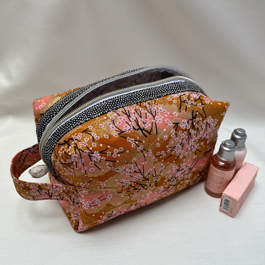 Quilted Cosmetic Bag Wash Bag Medium Size Peach Blossoms Japanese Fabric 