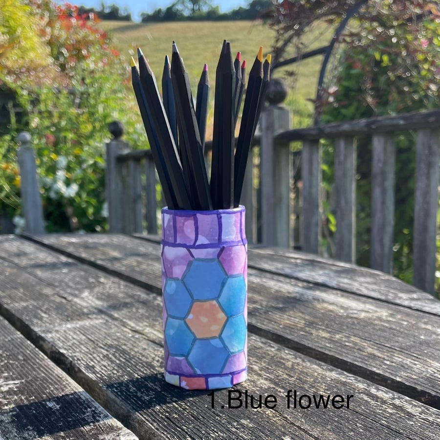 Pencil pot - hand pieced collage ‘Hexi Flowers’