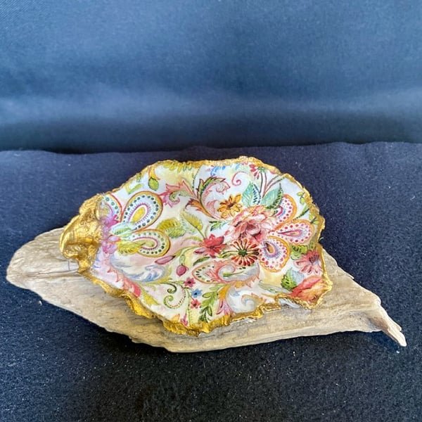 Large hand decorated Oyster shell ring dish