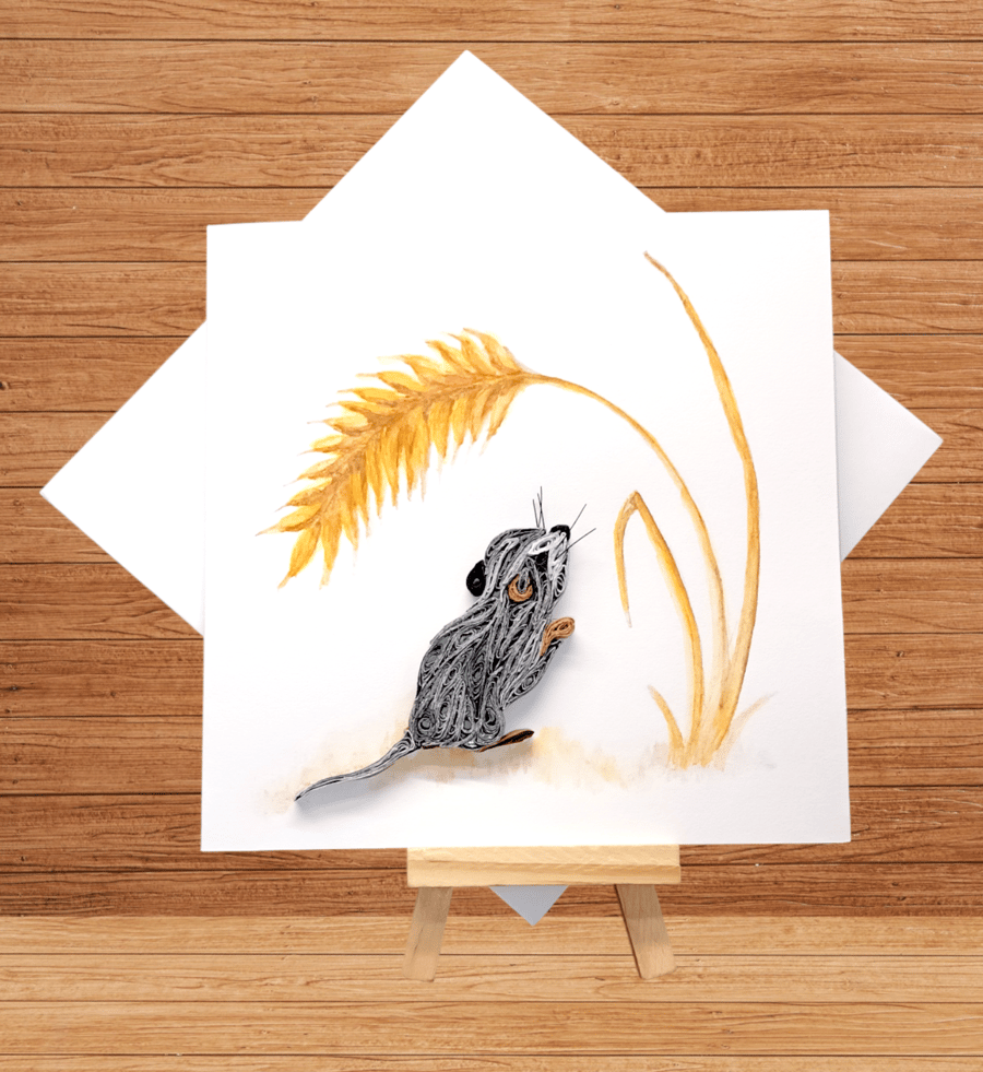Sweet quilled field mouse eyeing up some wheat open card