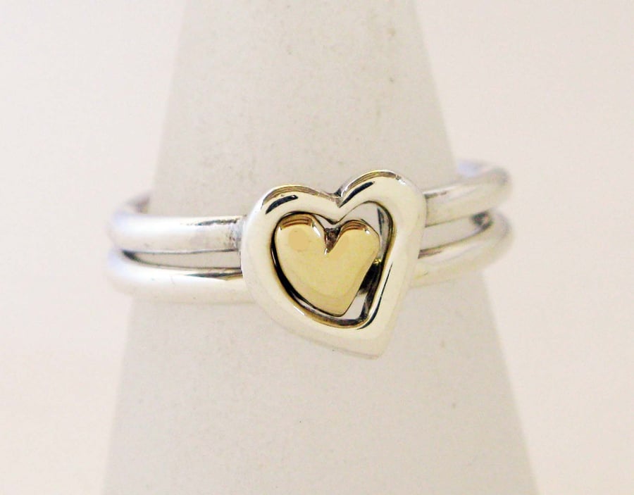 Silver & 9ct gold 2 interlocking Heart Rings