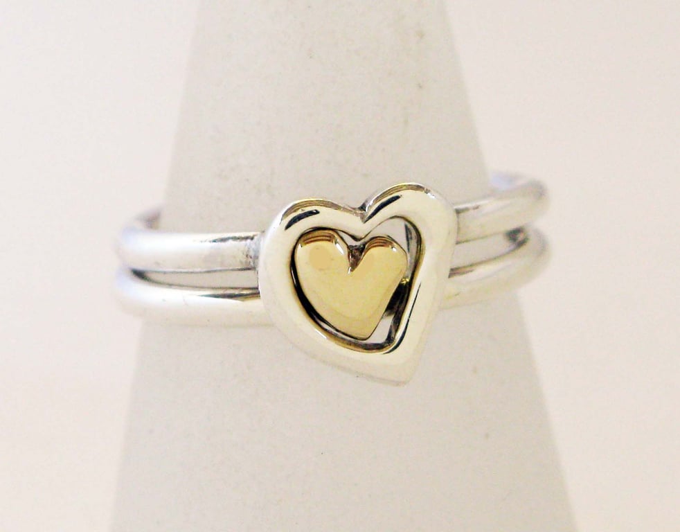 Silver & 9ct gold 2 interlocking Heart Rings