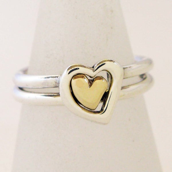 Silver & 9ct gold 2 interlocking Heart Rings