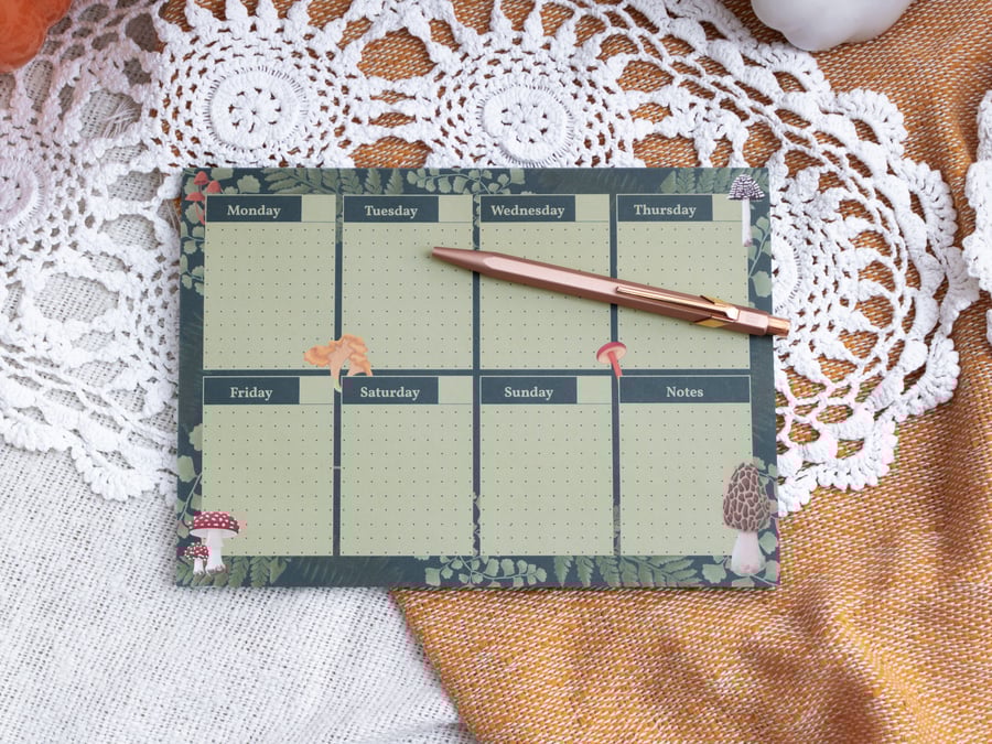 Weekly Planner Pad With Mushroom & Fern Design